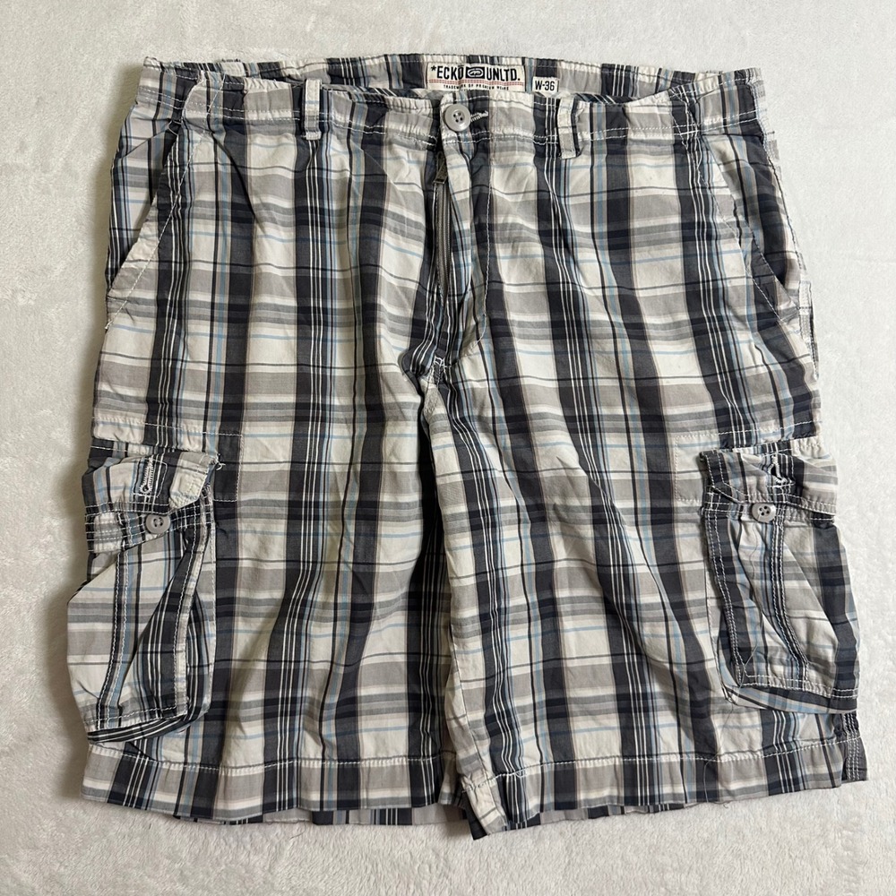 Vintage Ecko Unltd. Plaid Cargo Shorts Men's 36 Grey Blue Baggy Y2K Streetwear